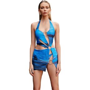 Beach Resort One-Piece Swimsuit, Ocean Ring Detail Wrap (Blue)