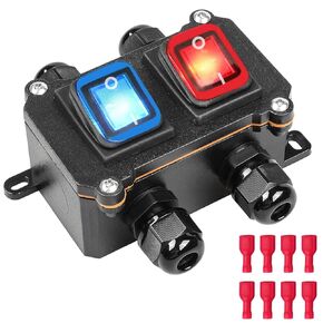 مفتاح سلك مضمن IP66 صندوق تبديل مقاوم للماء DPST 12V DC 20A 8 Pin 2 موضع تشغيل/إيقاف مفتاح تبديل خارجي مع مفتاح زر الروك الأحمر/الأزرق الفاتح خط دخول وخروج مزدوج الجانب