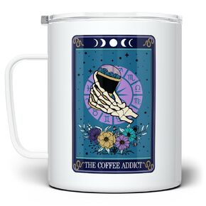 The Coffee Addict Tarot Card Travel Tumbler Mug with Lid, Fun Coffee Lover Gifts, Gothic Witchy Occult Cup (12oz) (18oz)