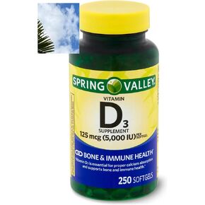 Spring Valley Vitamin D3 Softgels, 125 mcg per Softgel, 5,000 IU, 250 Count