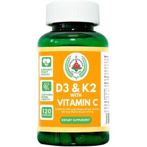 Vitamin D3 10000 IU & Vitamin K2 100 mcg with Vitamin C - 120 Capsules - Heart & Bone Support Capsule Supplemet - Non-GMO & Gluten Free Made in USA