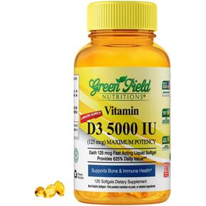 Greenfield Nutritions HALAL VITAMIN D - Halal Vitamin D3 5000 IU Softgel (125 mcg), High Potency 120 Unflavored Softgels - Beef Gelatin D3 Halal Vitamins, Supports Immune Bone Teath Brain and Hair