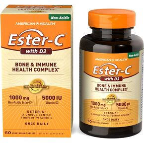 American Health EsterC with D3 Bone Immune Complex Vegetarian Tablets 24Hour Immune Support 1000 mg EsterC 5000 IU Vitamin D3 NonAcidic Vitamin C Servings, 60 Count