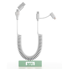 USB C Cable Apple Charger 4 in 1 - PD 60W/27W USB C Fast Charging & Data Sync Multi Charger Cord, 6FT Coiled Lightning Cable to USB for iPhone/Pad/Android/Laptop, Support Apple CarPlay & Android Auto