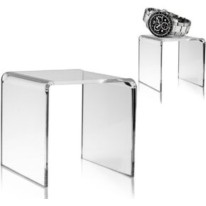 BANBERRY DESIGNS Clear Acrylic Display Risers - Set of 2 Small Tabletop Stands - Transparent Retail Shelf Fixtures - Jewelry Food Candy Makeup Perfume Pedestals - Approx. 3 Inch Tall