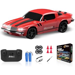 RC Drift Car, 1/24 4WD Remote Control Car RC Cars for Kids, 2.4GHz Hobby Racing Car Toys with LED Light Two Rechargeable Batteries and Drift Tires Toy Cars Birthday Gifts for Boys Adults