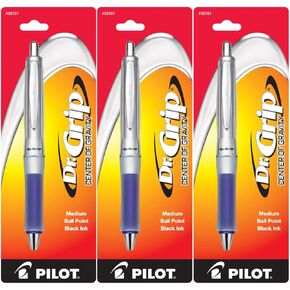 Pilot Dr. Grip Center of Gravity Retractable Ball Point Pen, Medium Point, Black Ink, Pack of 3 (Blue)