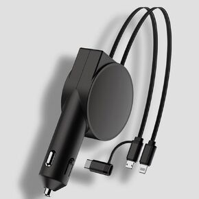 Car Charger Retractable, 60W 3 in 1 Car Fast Charger for iPhone, Type C and Micro Charging Ports with Voltage Display, USB C to Micro USB Adapter (Black)