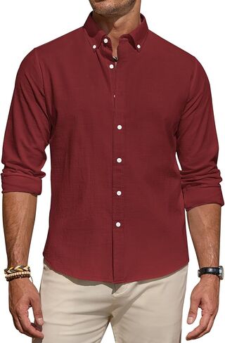 قميص رجالي من الكتان من J.VER كاجوال خفيف الوزن وأكمام طويلة وياقة بأزرار سفلية وقمصان للشاطئ للعمل في العطلات in Kuwait
