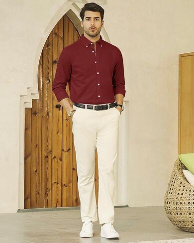 قميص رجالي من الكتان من J.VER كاجوال خفيف الوزن وأكمام طويلة وياقة بأزرار سفلية وقمصان للشاطئ للعمل في العطلات in Kuwait