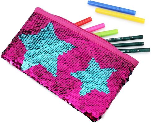 مقلمة لطيفة للفتيات والأطفال بتصميم حورية البحر ومزينة بالترتر وحامل قلم منظم مستحضرات التجميل وحقيبة محفظة للنساء (وردي فاقع) in Kuwait