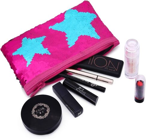 مقلمة لطيفة للفتيات والأطفال بتصميم حورية البحر ومزينة بالترتر وحامل قلم منظم مستحضرات التجميل وحقيبة محفظة للنساء (وردي فاقع) in Kuwait