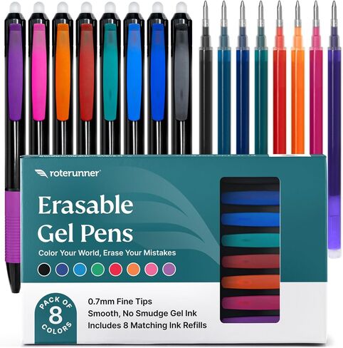 8 Multicolor Erasable Gel Pens + FREE Ink Refills 0.7mm Retractable Fine Point Smooth Planner Pens Eraser Pen for Coloring Best Erasable Pens for Kids & Adults (Black Casing) in Saudi Arabia