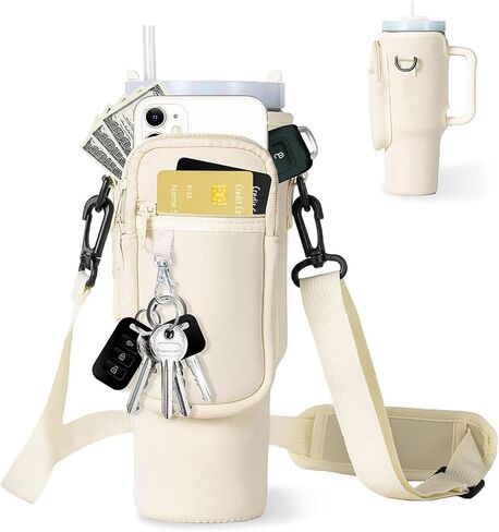 Water Bottle Carrier Bag with Phone Pocket for Stanley 40oz Tumbler with Handle Water Bottle Holder Pouch with Adjustable Strap Bollus with Carabiner for Stanley Cup Accessories in Kuwait