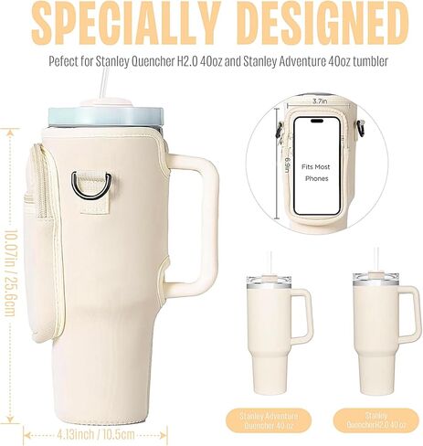 Water Bottle Carrier Bag with Phone Pocket for Stanley 40oz Tumbler with Handle Water Bottle Holder Pouch with Adjustable Strap Bollus with Carabiner for Stanley Cup Accessories in Kuwait