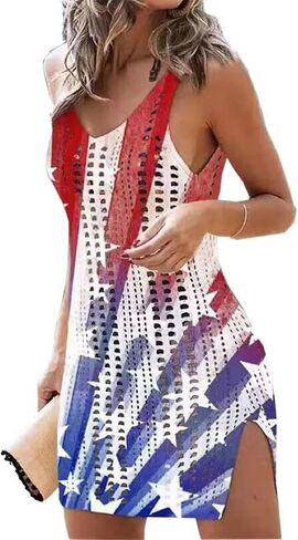American Flag Cover Up Dress for Women Hollow Out Crochet Sleeveless Cover Up 4th of July Beach Swimwear Dresses in Saudi Arabia