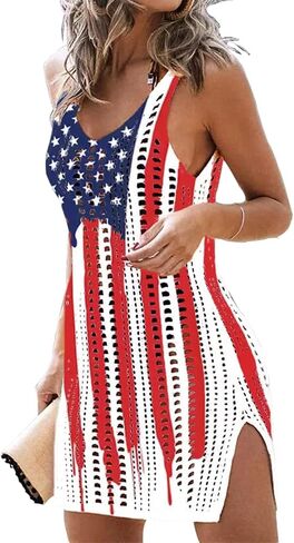 American Flag Cover Up Dress for Women Hollow Out Crochet Sleeveless Cover Up 4th of July Beach Swimwear Dresses in Saudi Arabia