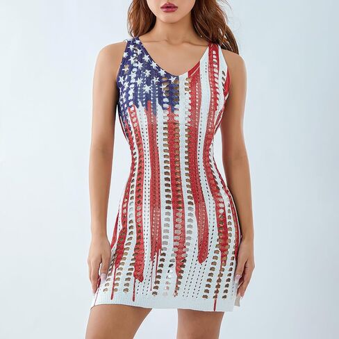 American Flag Cover Up Dress for Women Hollow Out Crochet Sleeveless Cover Up 4th of July Beach Swimwear Dresses in Saudi Arabia
