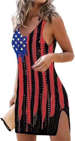 American Flag Cover Up Dress for Women Hollow Out Crochet Sleeveless Cover Up 4th of July Beach Swimwear Dresses in Saudi Arabia