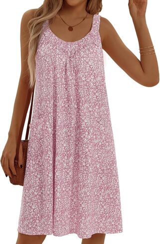 HUHOT Sundresses for Women 2024 Crew Neck Floral Tank Dresses Casual Summer Beach Sleeveless Swimsuit Coverup with Pockets in Saudi Arabia