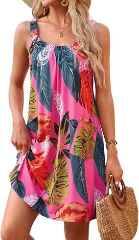 HUHOT Sundresses for Women 2024 Crew Neck Floral Tank Dresses Casual Summer Beach Sleeveless Swimsuit Coverup with Pockets in Saudi Arabia