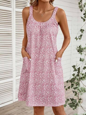HUHOT Sundresses for Women 2024 Crew Neck Floral Tank Dresses Casual Summer Beach Sleeveless Swimsuit Coverup with Pockets in Saudi Arabia