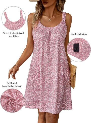 HUHOT Sundresses for Women 2024 Crew Neck Floral Tank Dresses Casual Summer Beach Sleeveless Swimsuit Coverup with Pockets in Saudi Arabia
