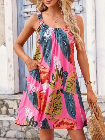 HUHOT Sundresses for Women 2024 Crew Neck Floral Tank Dresses Casual Summer Beach Sleeveless Swimsuit Coverup with Pockets in Saudi Arabia