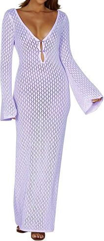 ملابس سباحة كروشيه للنساء، فستان شاطئ طويل بياقة على شكل V وأكمام طويلة، ملابس شاطئ مفرغة، فستان بيكيني للتستر in Kuwait