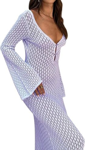 ملابس سباحة كروشيه للنساء، فستان شاطئ طويل بياقة على شكل V وأكمام طويلة، ملابس شاطئ مفرغة، فستان بيكيني للتستر in Kuwait