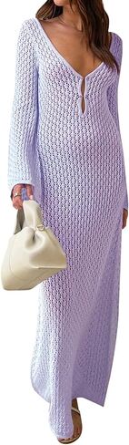 ملابس سباحة كروشيه للنساء، فستان شاطئ طويل بياقة على شكل V وأكمام طويلة، ملابس شاطئ مفرغة، فستان بيكيني للتستر in Kuwait