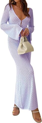 ملابس سباحة كروشيه للنساء، فستان شاطئ طويل بياقة على شكل V وأكمام طويلة، ملابس شاطئ مفرغة، فستان بيكيني للتستر in Kuwait