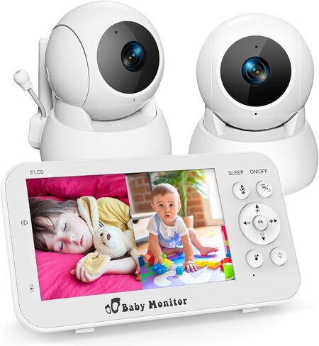Baby Monitor with 2 Cameras and Audio，Video Baby Monitor with 5" Large Split-Screen and 5200mAh Battery, Remote Pan/Tilt/Zoom Camera, Two-Way Talk, Night Vision, Lullabies, No WiFi in Saudi Arabia