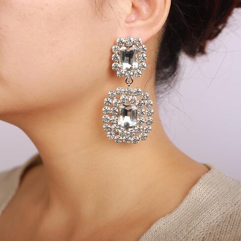 Women Girls Bohemian Geometry Rhinestone Dangle Drop Earrings Rectangle Crystal Rhinestone Statement Earrings Vintage Rhinestone Chandelier Earrings for Women Girls in Kuwait