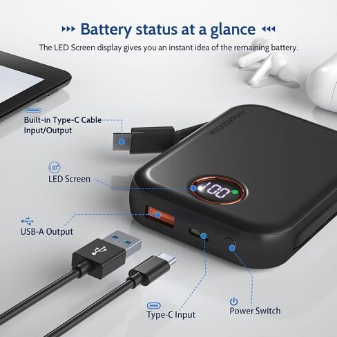 Wireless Portable Charger, 10000mAh Magnetic Power Bank Built-in Type-C Cable 22.5W PD Fast Charging Power Bank LED Display Travel Battery for iPhone 15/14/13/12 Series, iPad, Black in Saudi Arabia