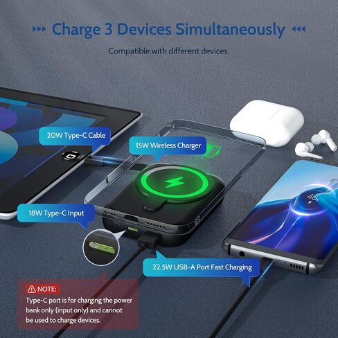Wireless Portable Charger, 10000mAh Magnetic Power Bank Built-in Type-C Cable 22.5W PD Fast Charging Power Bank LED Display Travel Battery for iPhone 15/14/13/12 Series, iPad, Black in Saudi Arabia