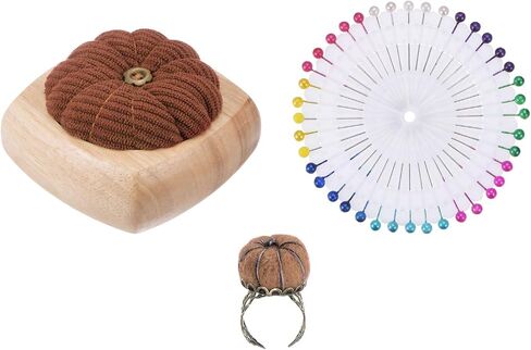 HARFINGTON Wooden Base Needle Pincushions with Adjustable Finger Ring Felt Pin Cushion and 40Pcs Sewing Pins for Sewing Quilting Needlework DIY Crafts, Brown in Saudi Arabia