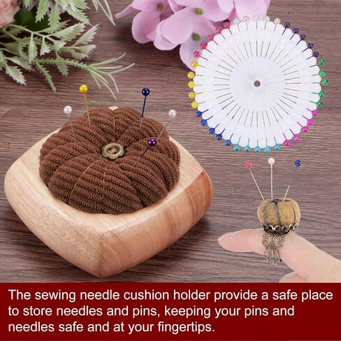 HARFINGTON Wooden Base Needle Pincushions with Adjustable Finger Ring Felt Pin Cushion and 40Pcs Sewing Pins for Sewing Quilting Needlework DIY Crafts, Brown in Saudi Arabia