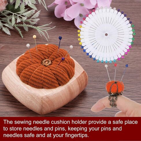 HARFINGTON Wooden Base Needle Pincushions with Adjustable Finger Ring Felt Pin Cushion and 40Pcs Sewing Pins for Sewing Quilting Needlework DIY Crafts, Brown in Saudi Arabia