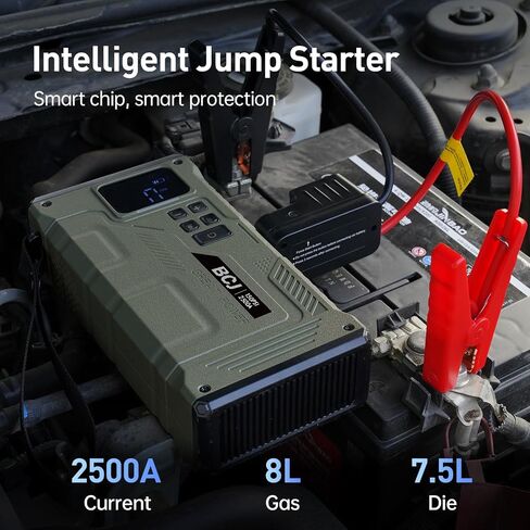Portable Car Jump Starter with Air Compressor, BCJ 2500A Battery Jump Box with150PSI Digital Air Pump for Tire Inflator, 12V Lithium Battery Jumper Pack Booster for 8L Gas/7.5L Diesel Vehicles in Saudi Arabia