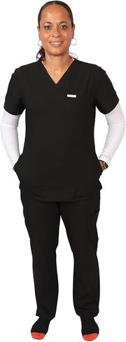 Black Scrubs Sets for Women - Stretch V-Neck Top with Straight Leg Pants with 6 Pockets, Nurse Medical Uniform in Kuwait