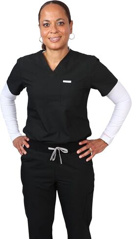 Black Scrubs Sets for Women - Stretch V-Neck Top with Straight Leg Pants with 6 Pockets, Nurse Medical Uniform in Kuwait