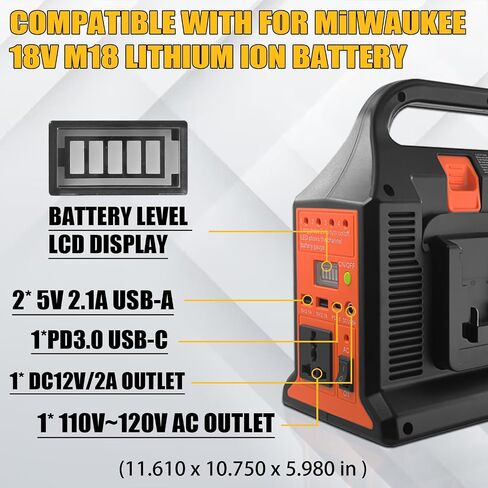 300W Portable Power Supply Inverter for Milwaukee M18 18V Battery, DC 20V to AC 110V Power Station with AC Output, Dual USB Charger, Type-C Port, DC Output 12V/5A, LED Light for Camping in Saudi Arabia
