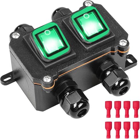 Inline Cord Switch IP66 Waterproof Switch Box DPST 12V DC 20A 8 Pin 2 Position ON/Off Outdoor Toggle Switch with Red/Blue Light Rocker Button Switch Double Side Two-Side Entry & Exit Line in Saudi Arabia