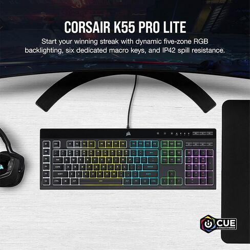 لوحة مفاتيح الألعاب السلكية الغشائية من كورسير K55 PRO LITE RGB (إضاءة خلفية RGB ديناميكية بخمس مناطق، ستة مفاتيح ماكرو مع تكامل سطح السفينة، ومفاتيح الوسائط المخصصة) أسود (متجدد) in Kuwait