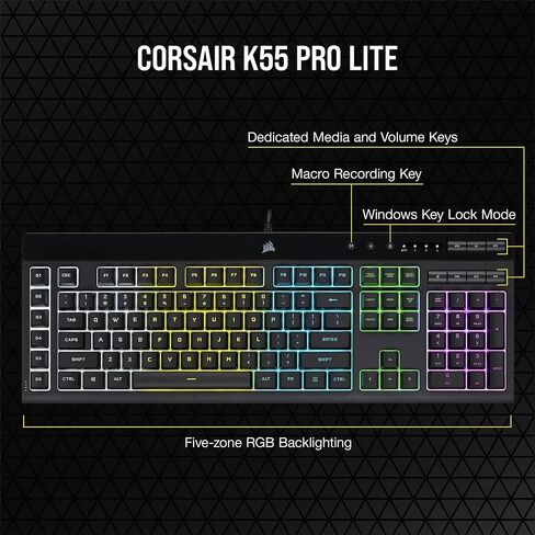 Corsair K55 PRO LITE RGB Wired Membrane Gaming Keyboard (5-Zone Dynamic RGB Backlighting, Six Macro Keys with Stream Deck Integration,Dedicated Media Keys) Black (Renewed) in Saudi Arabia