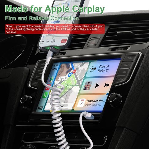 كابل Lightning ملفوف Apple Carplay Cord [معتمد من Apple MFi] كابل شاحن سيارة iPhone قصير أبيض مع مزامنة البيانات، سلك شاحن iPhone قابل للسحب لأجهزة iPhone/Pad/Pod، أبيض in Kuwait