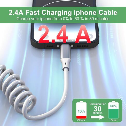 كابل Lightning ملفوف Apple Carplay Cord [معتمد من Apple MFi] كابل شاحن سيارة iPhone قصير أبيض مع مزامنة البيانات، سلك شاحن iPhone قابل للسحب لأجهزة iPhone/Pad/Pod، أبيض in Kuwait