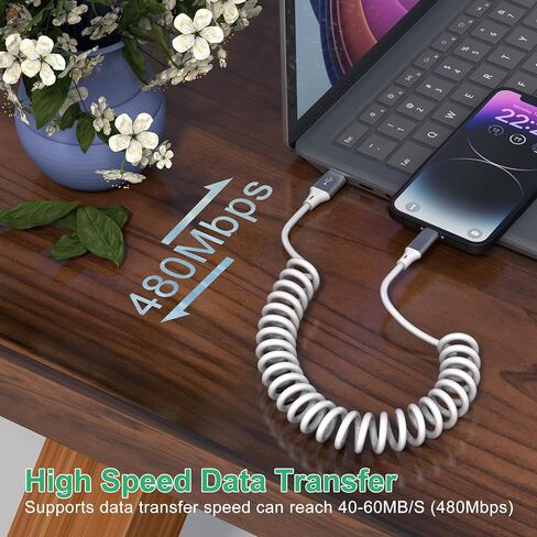 كابل Lightning ملفوف Apple Carplay Cord [معتمد من Apple MFi] كابل شاحن سيارة iPhone قصير أبيض مع مزامنة البيانات، سلك شاحن iPhone قابل للسحب لأجهزة iPhone/Pad/Pod، أبيض in Kuwait
