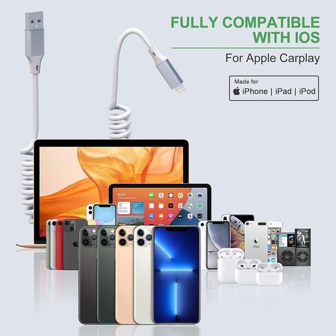 كابل Lightning ملفوف Apple Carplay Cord [معتمد من Apple MFi] كابل شاحن سيارة iPhone قصير أبيض مع مزامنة البيانات، سلك شاحن iPhone قابل للسحب لأجهزة iPhone/Pad/Pod، أبيض in Kuwait